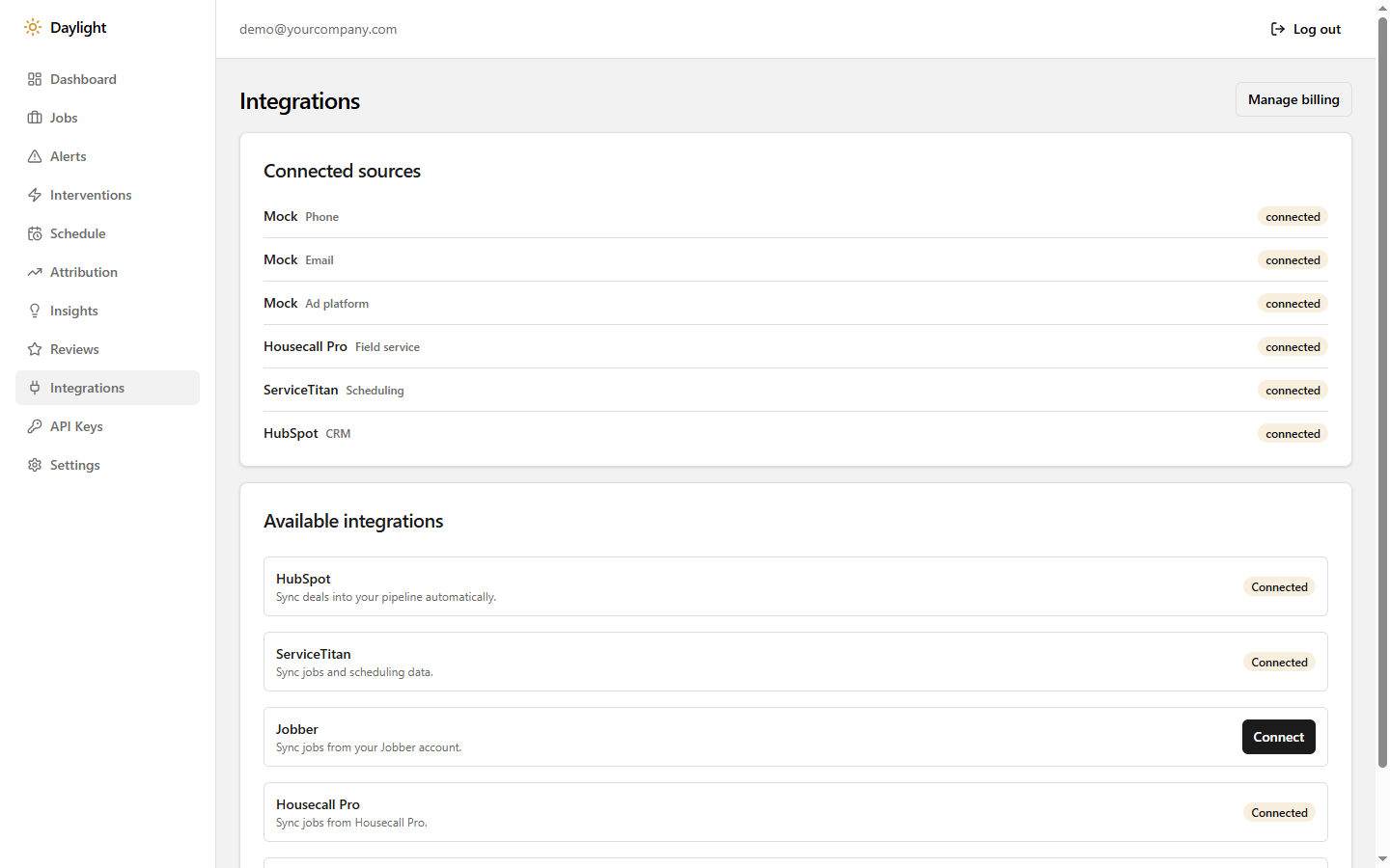 Daylight integrations page showing connected sources including HubSpot, ServiceTitan, and Housecall Pro, plus a self-serve connect button for Jobber